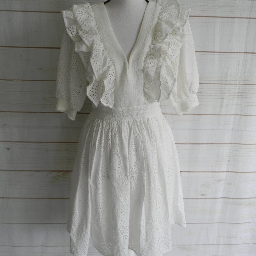 H&M WHITE EYELET DOUBLE V-NECK BOHO WESTERN DRESS SZ XS